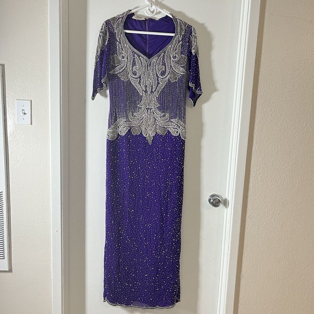 Nagpal Sz L Dress Evening Gown Beaded Silk Lined Purple Sliver Slit